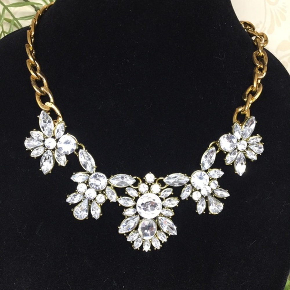 Glam Rhinestone Necklace on Gold Tone Chain, NEW